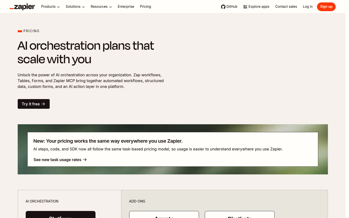 Screenshot of Zapier's pricing page showing its plans and prices