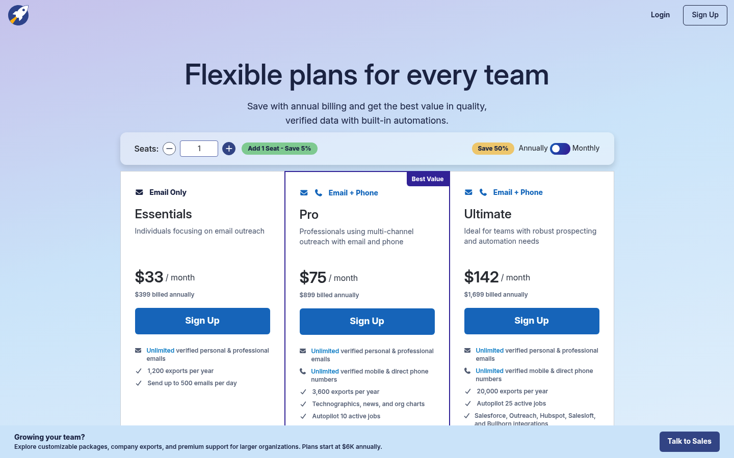 Screenshot of RocketReach's pricing page showing its plans and prices