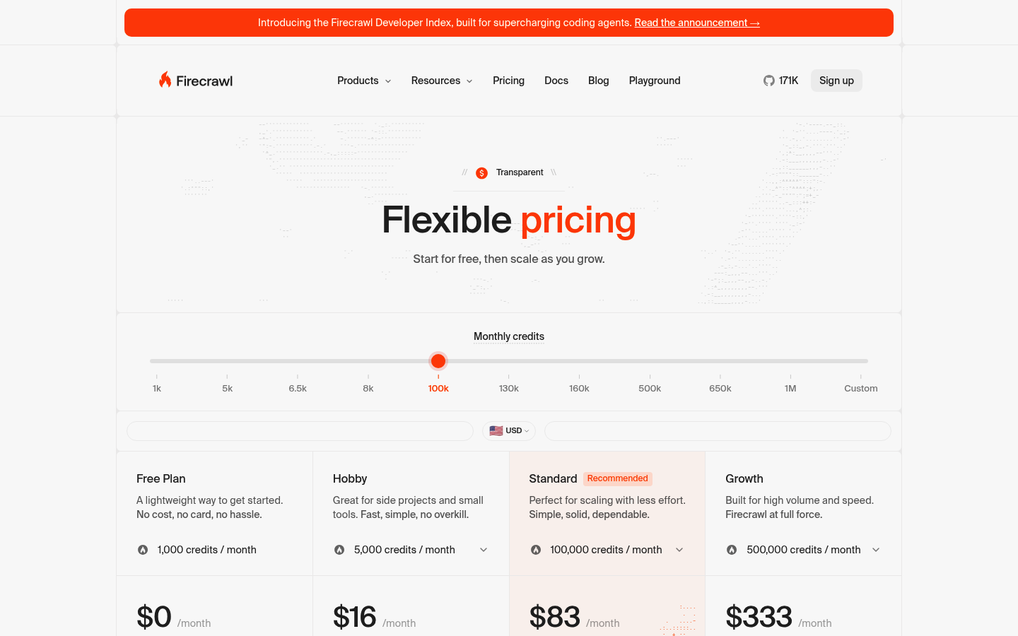 Screenshot of Firecrawl's pricing page showing its plans and prices