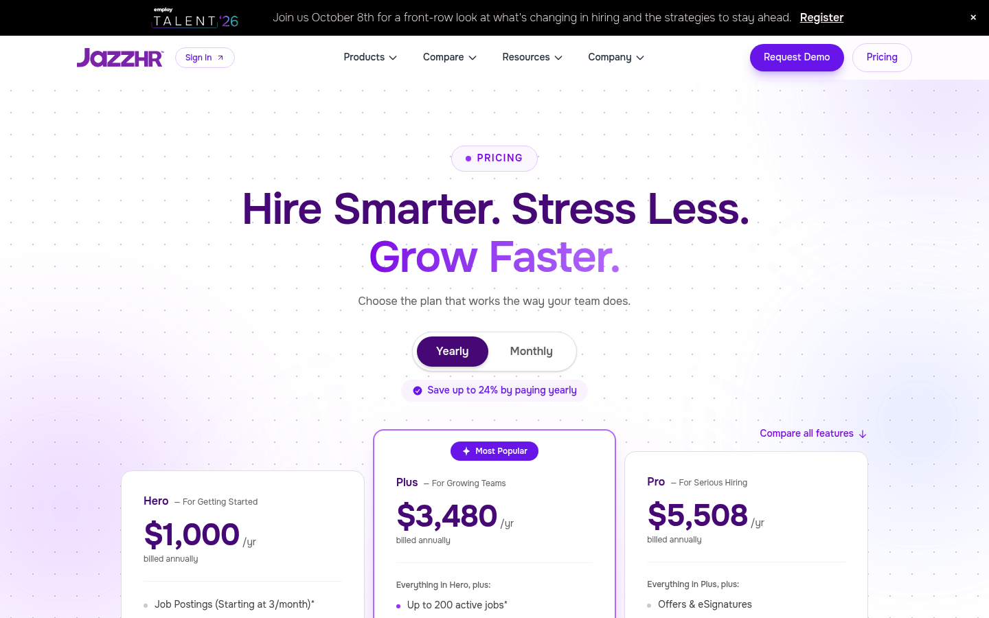Screenshot of JazzHR's pricing page showing its plans and prices
