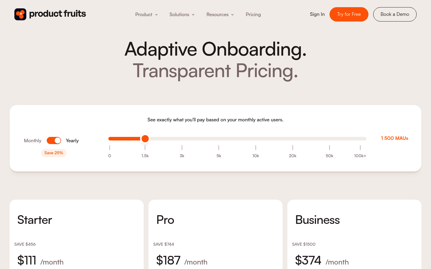 Screenshot of Product Fruits's pricing page showing its plans and prices
