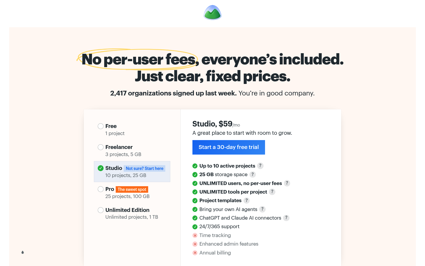 Screenshot of Basecamp's pricing page showing its plans and prices