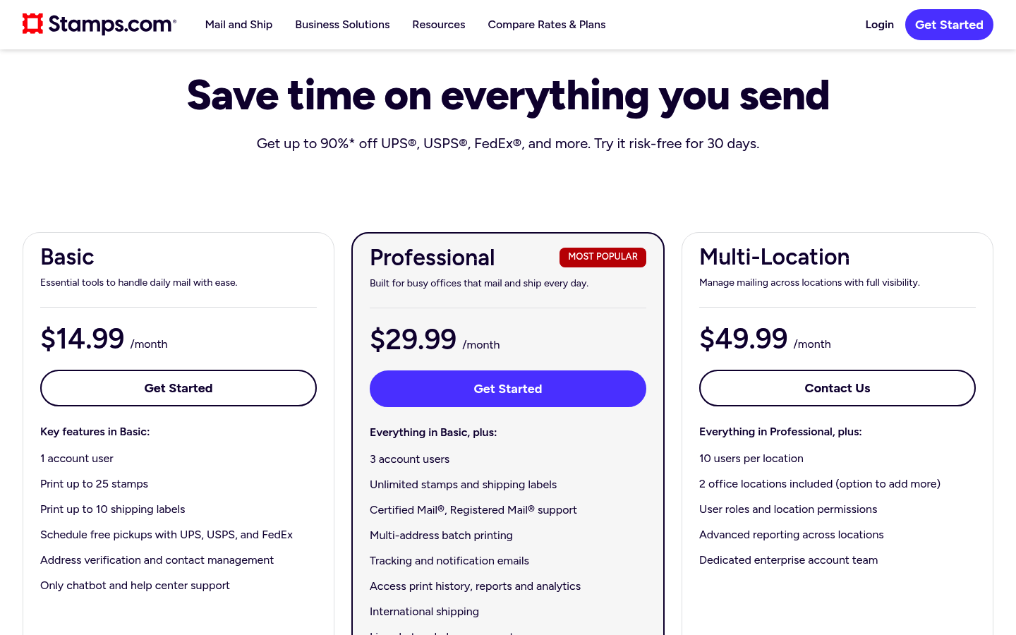 Screenshot of Stamps.com's pricing page showing its plans and prices
