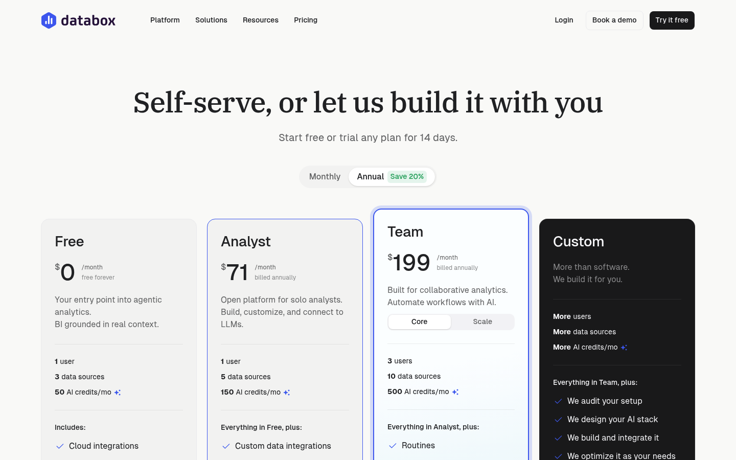 Screenshot of Databox's pricing page showing its plans and prices