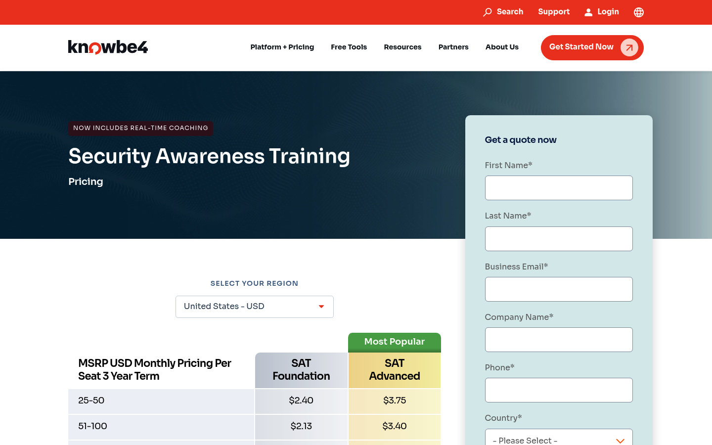 Screenshot of KnowBe4's pricing page showing its plans and prices