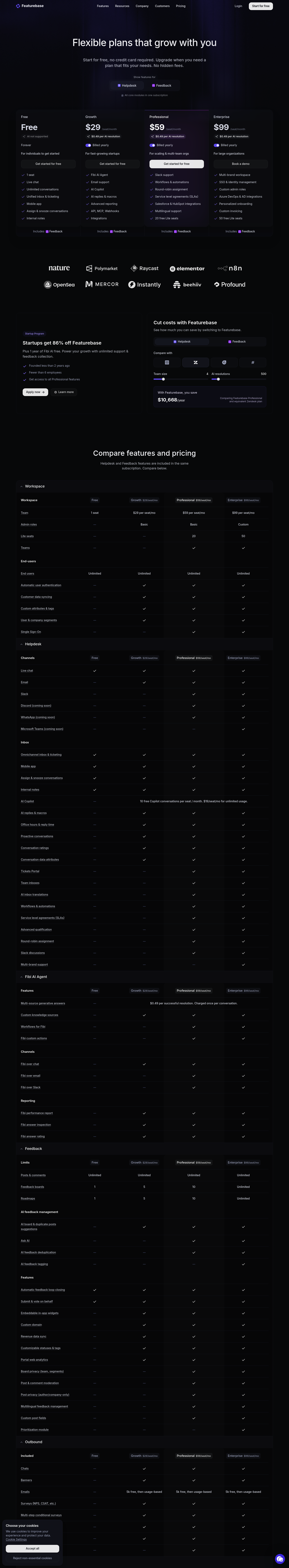 Screenshot of Featurebase's pricing page showing its plans and prices