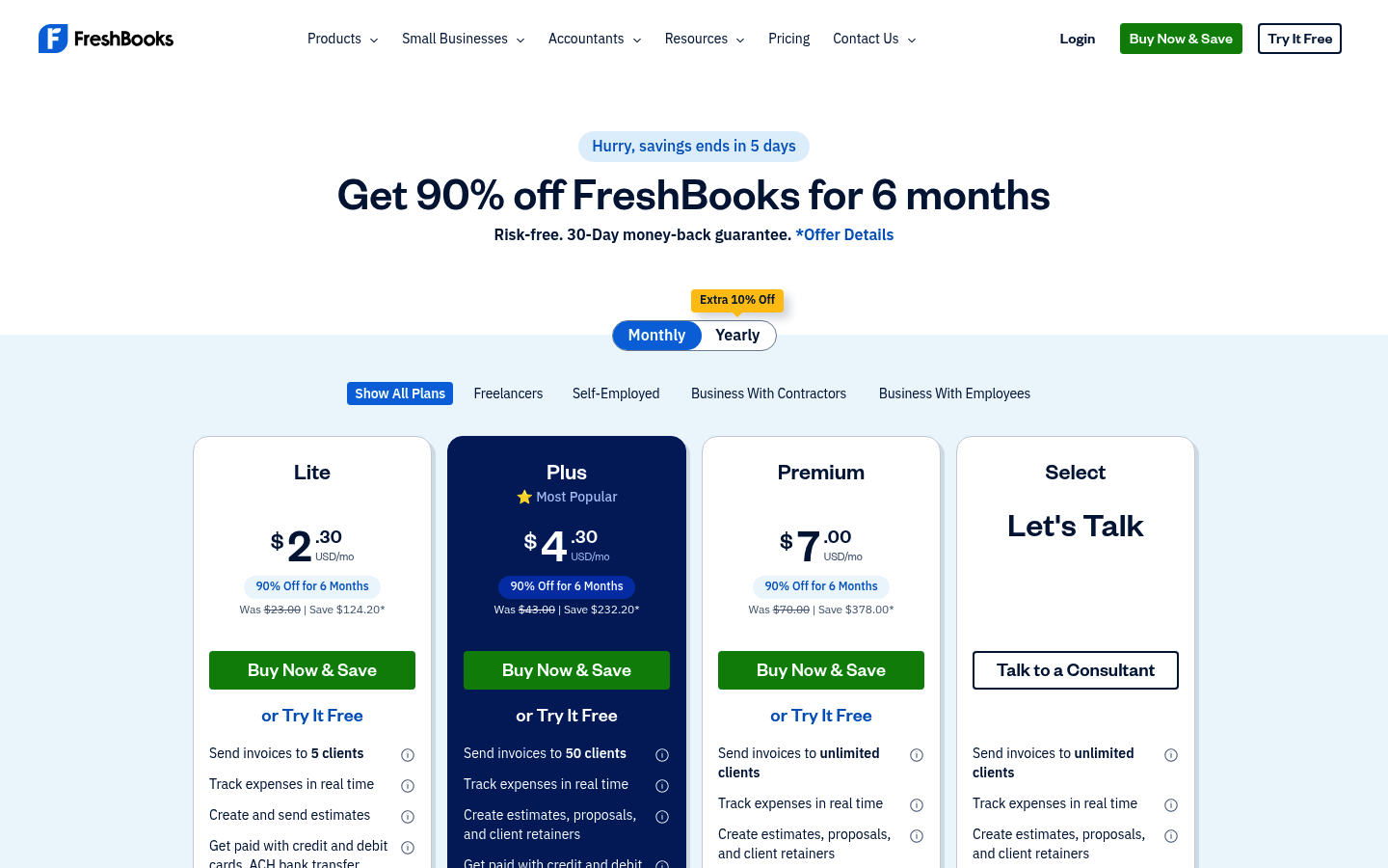 Screenshot of FreshBooks's pricing page showing its plans and prices