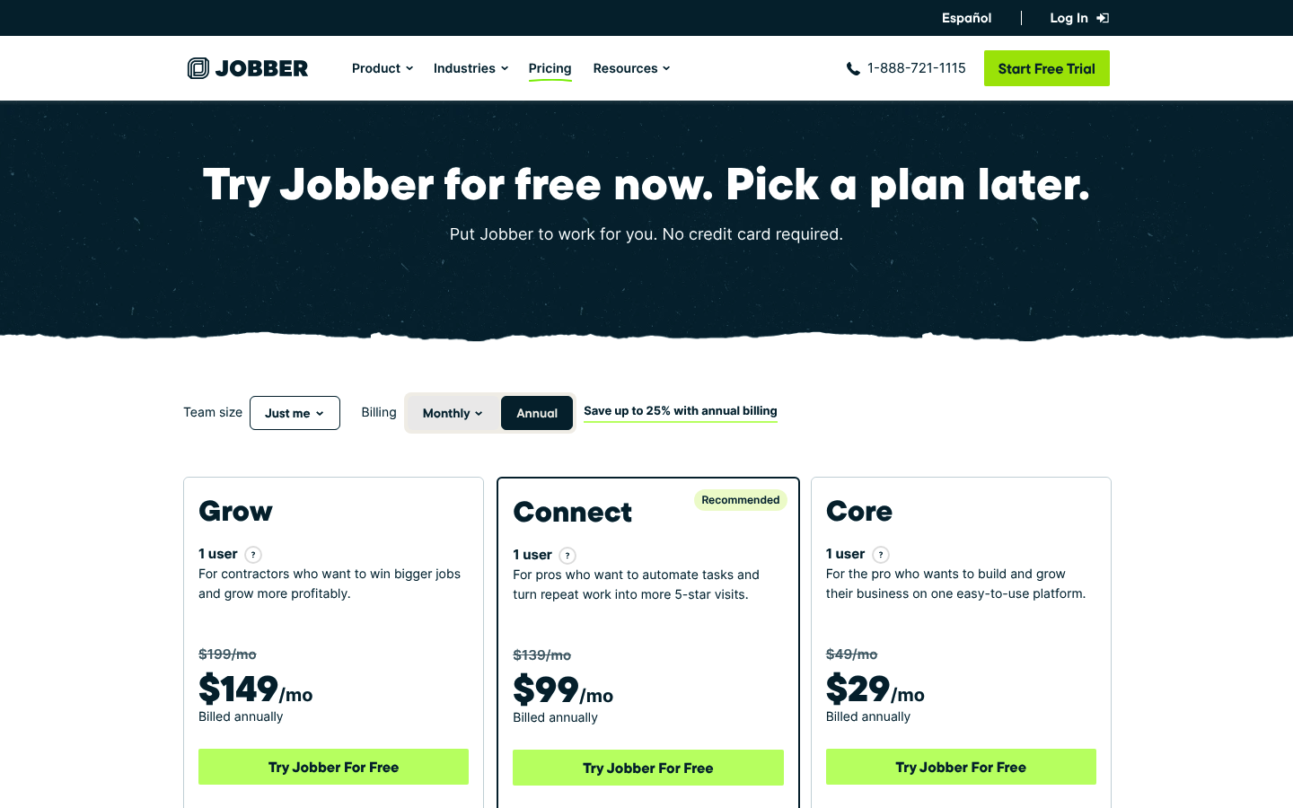 Screenshot of Jobber's pricing page showing its plans and prices