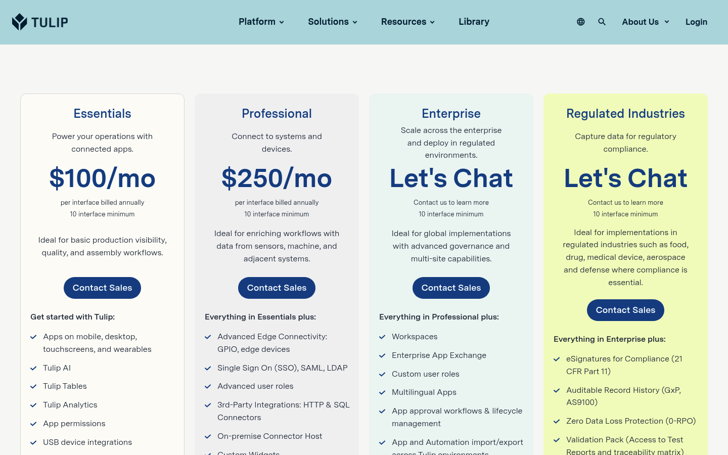 Screenshot of Tulip's pricing page showing its plans and prices