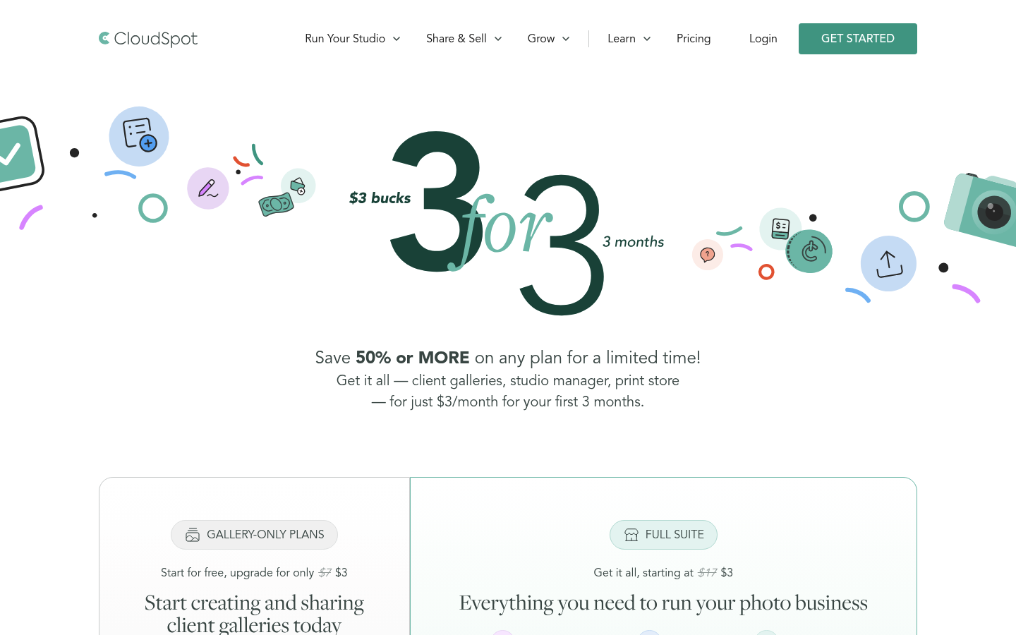 Screenshot of CloudSpot's pricing page showing its plans and prices