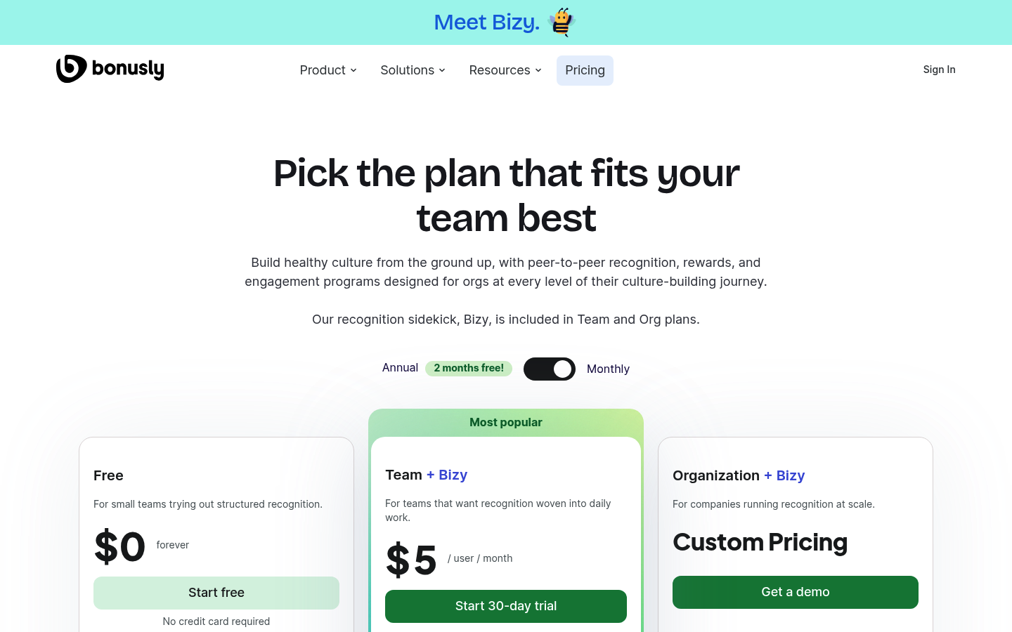 Screenshot of Bonusly's pricing page showing its plans and prices