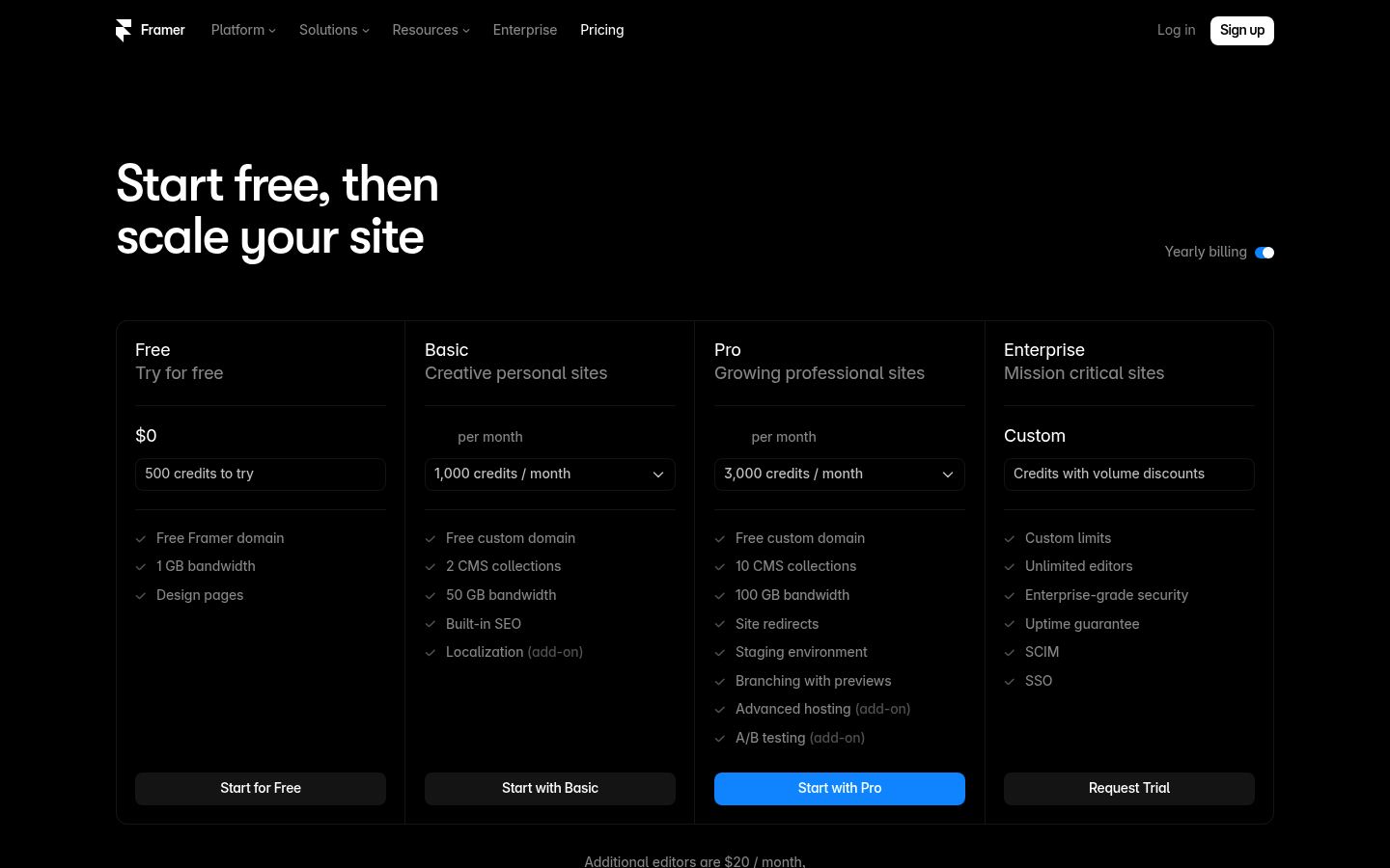 Screenshot of Framer's pricing page showing its plans and prices