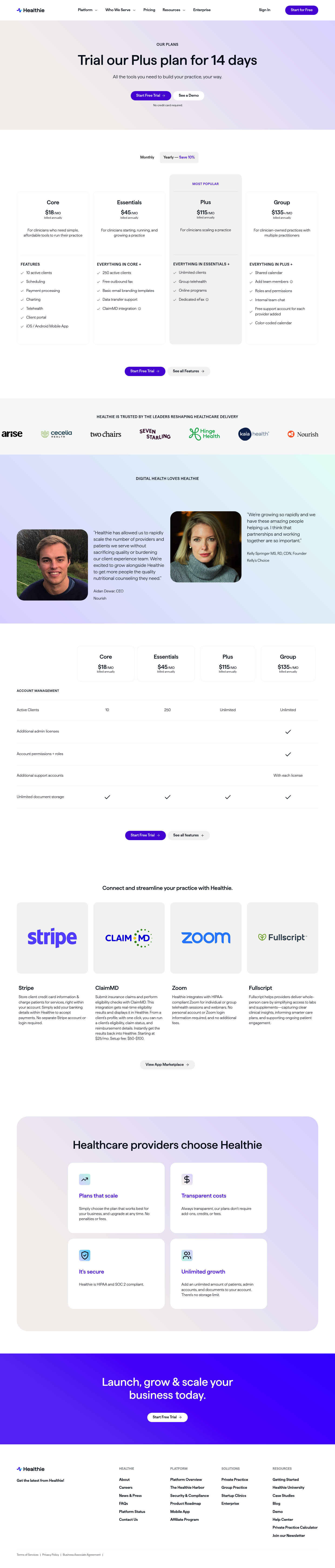 Screenshot of Healthie's pricing page showing its plans and prices
