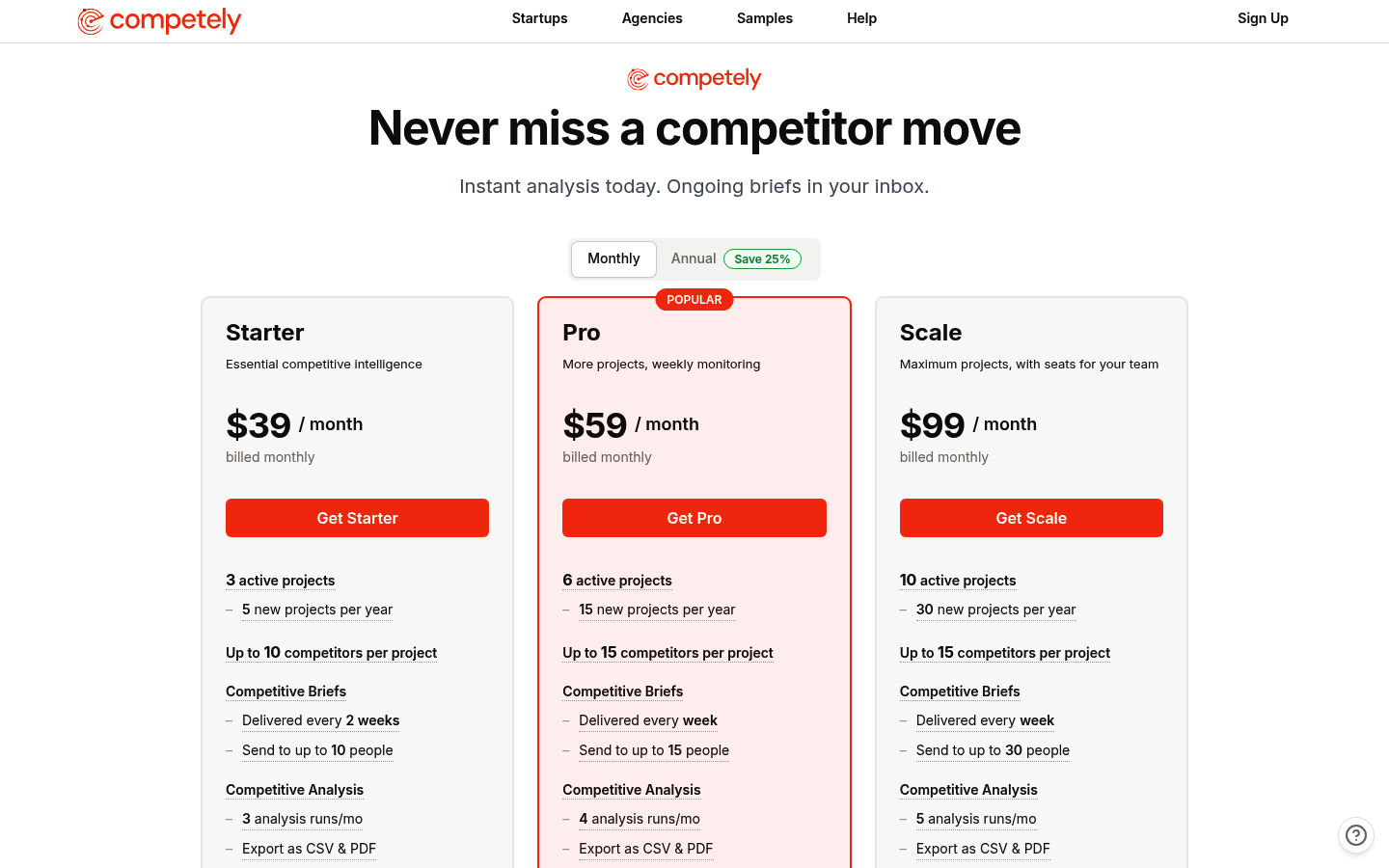 Screenshot of Competely's pricing page showing its plans and prices