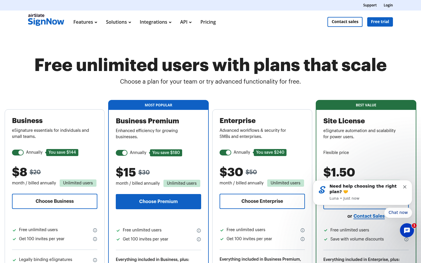 Screenshot of SignNow's pricing page showing its plans and prices