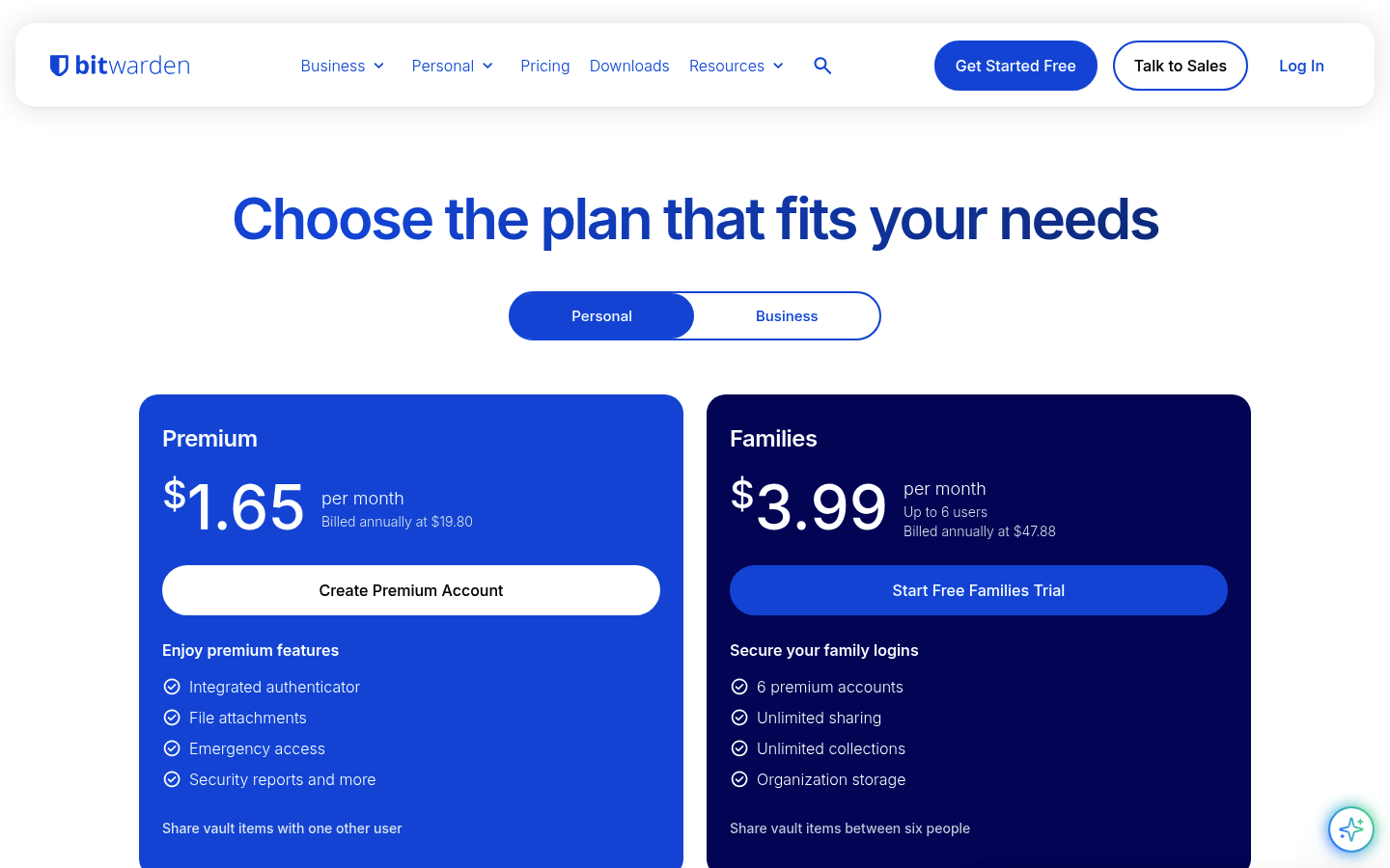 Screenshot of Bitwarden's pricing page showing its plans and prices