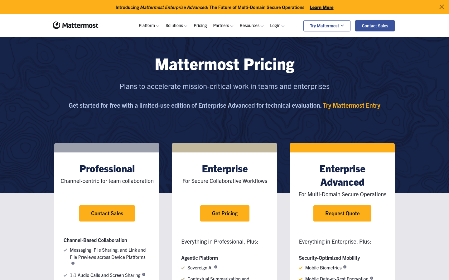 Screenshot of Mattermost's pricing page showing its plans and prices