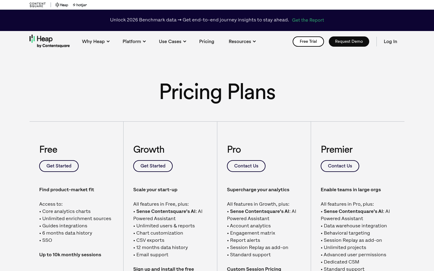 Screenshot of Heap's pricing page showing its plans and prices