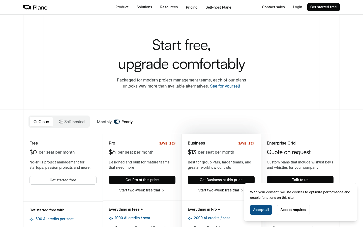 Screenshot of Plane's pricing page showing its plans and prices