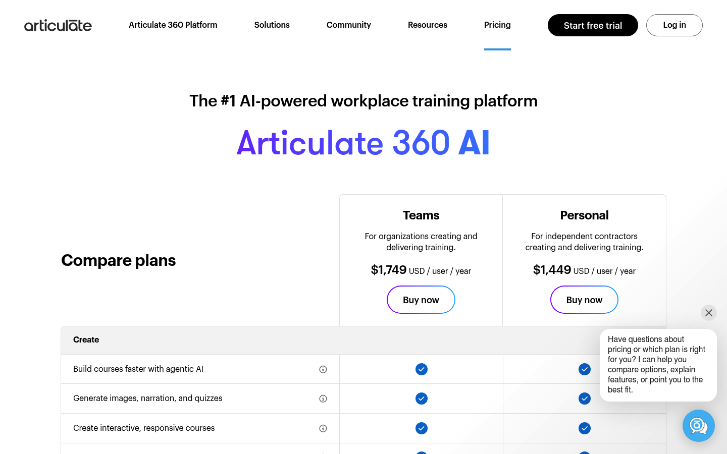 Screenshot of Articulate 360's pricing page showing its plans and prices
