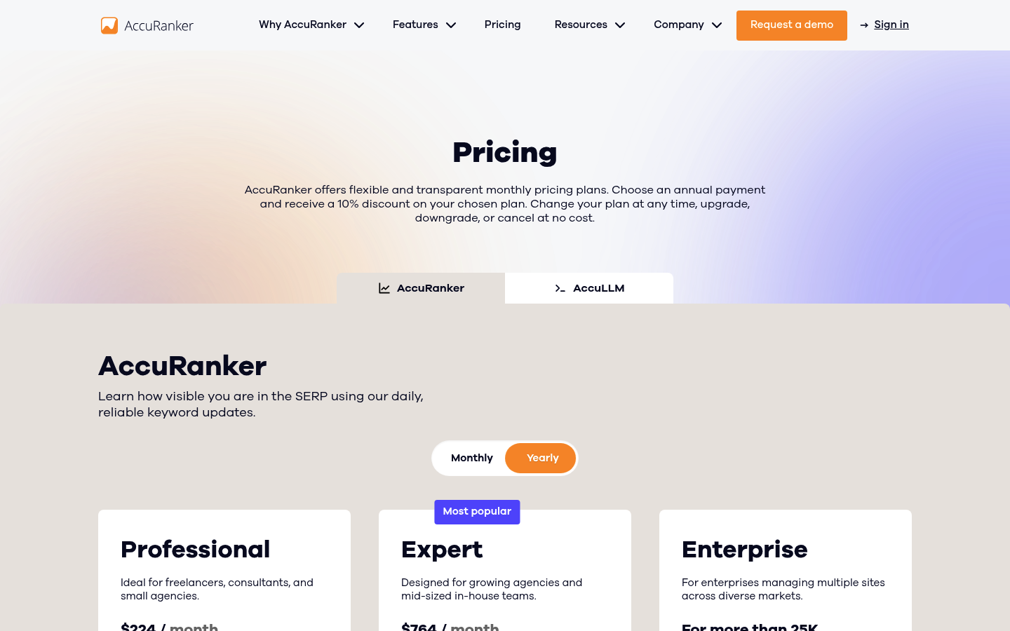 Screenshot of AccuRanker's pricing page showing its plans and prices