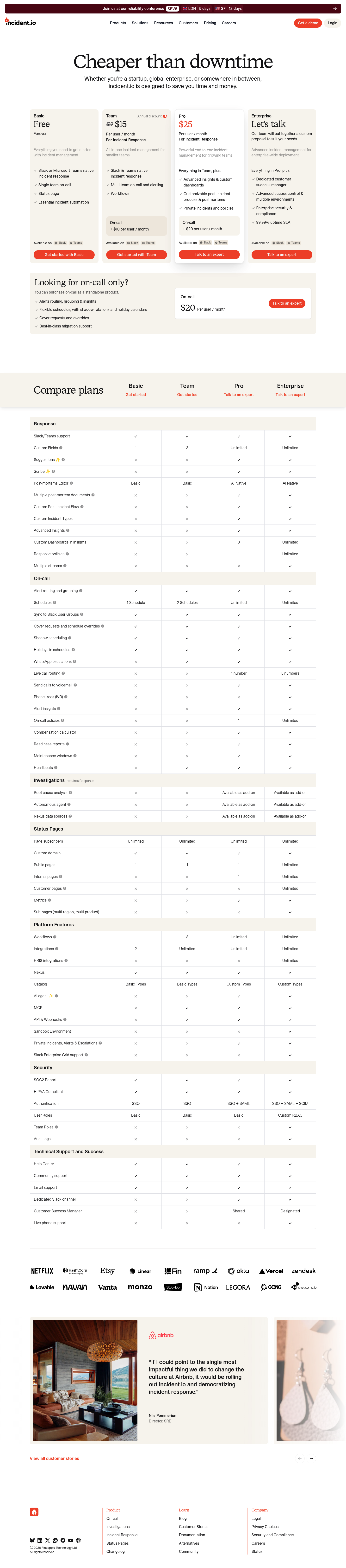 Screenshot of incident.io's pricing page showing its plans and prices