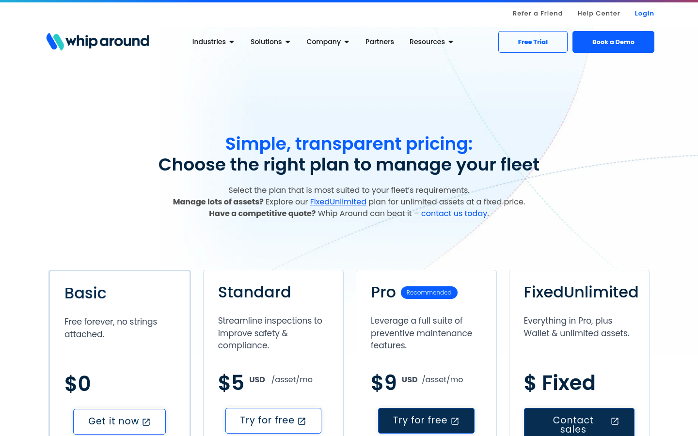 Screenshot of Whip Around's pricing page showing its plans and prices