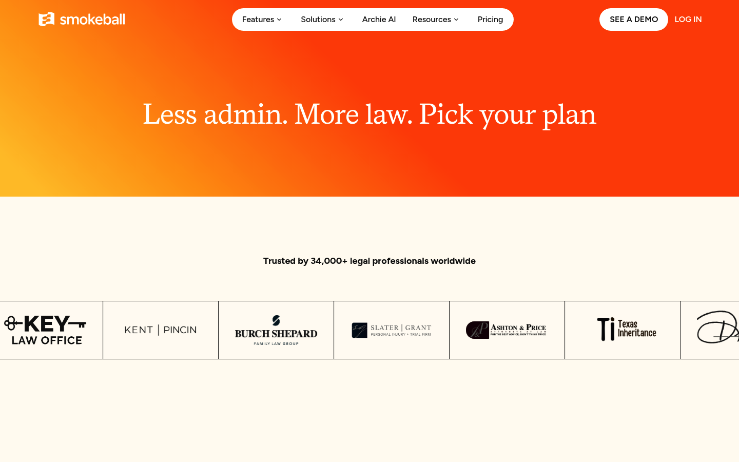 Screenshot of Smokeball's pricing page showing its plans and prices