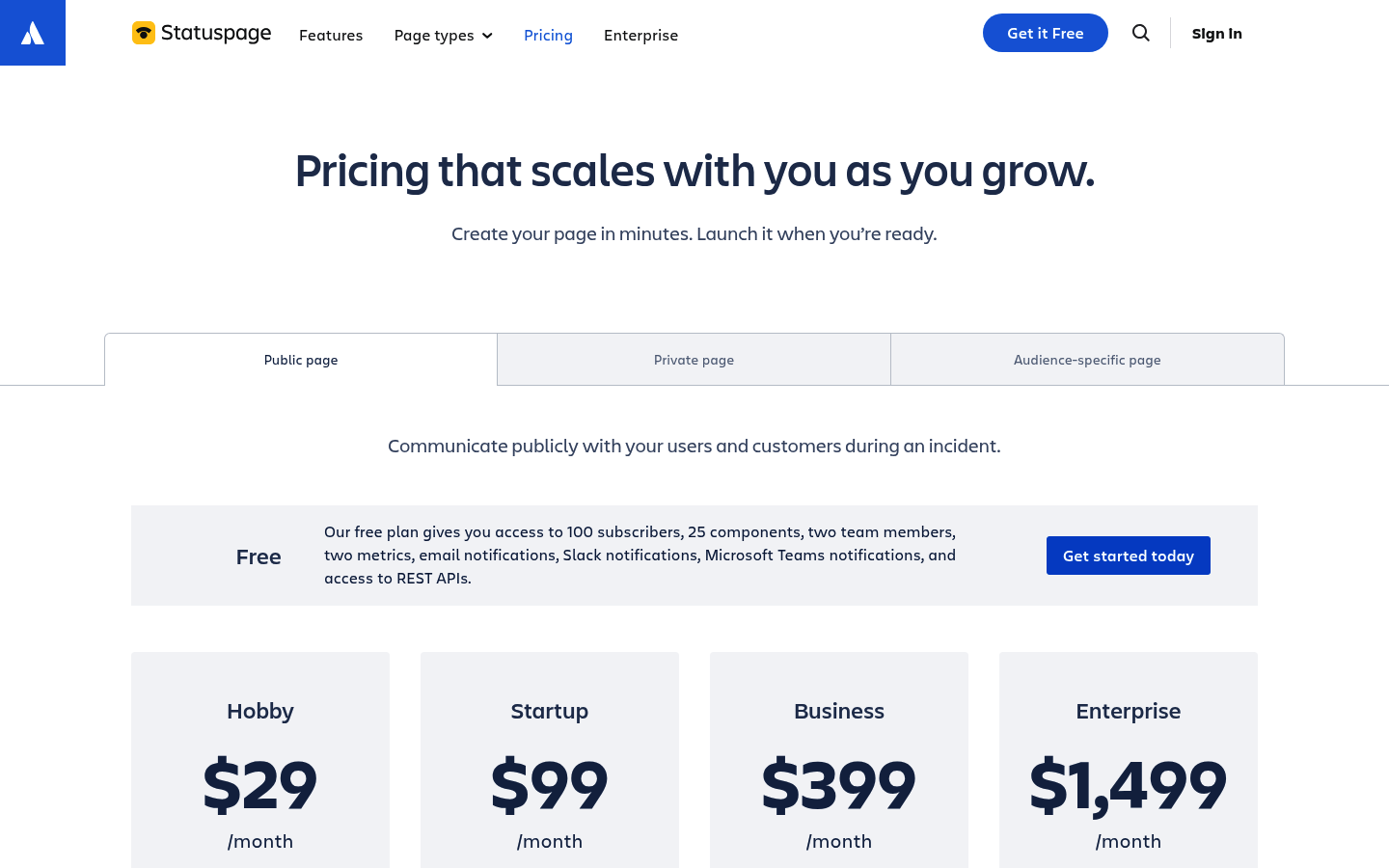 Screenshot of Statuspage's pricing page showing its plans and prices