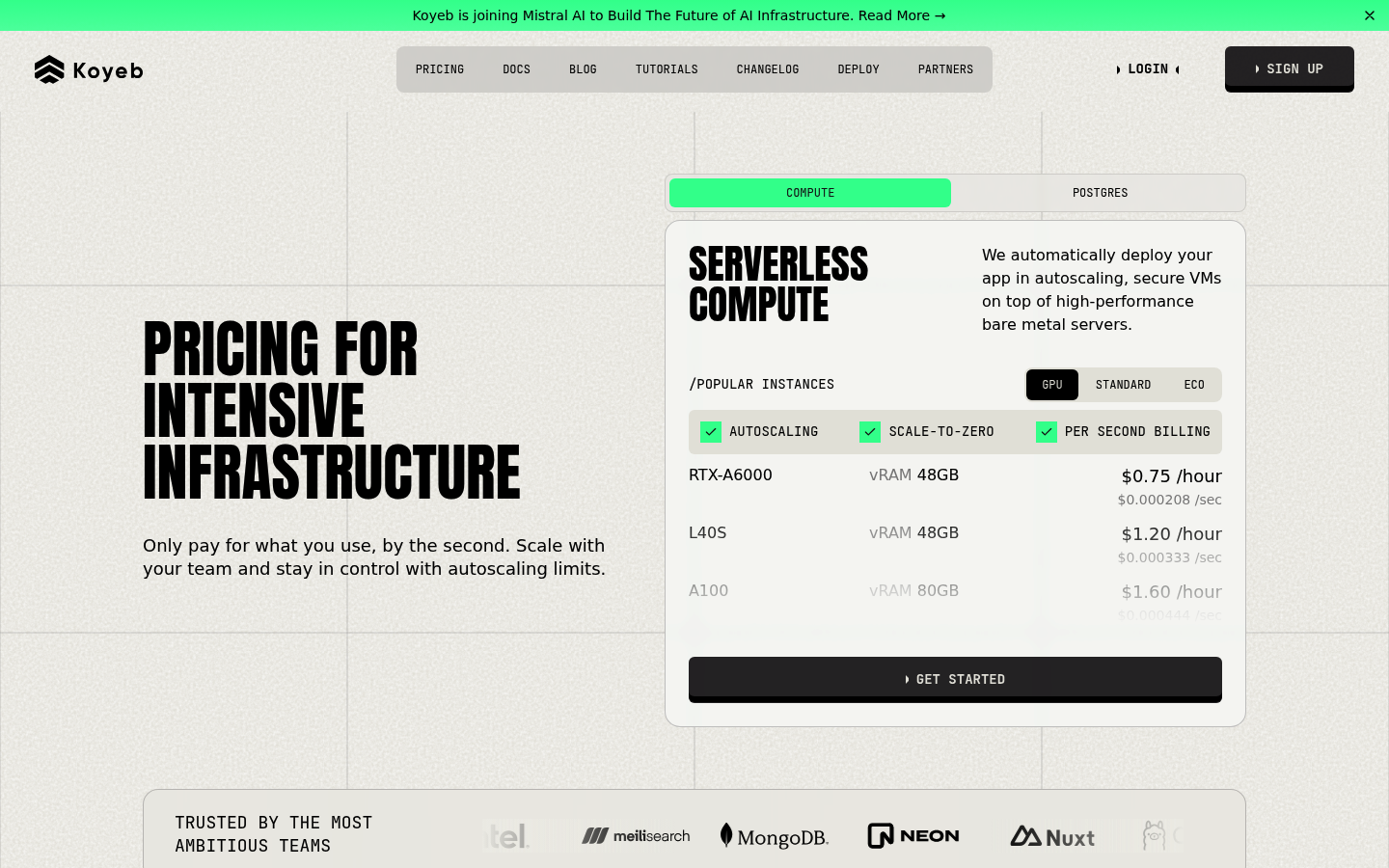 Screenshot of Koyeb's pricing page showing its plans and prices