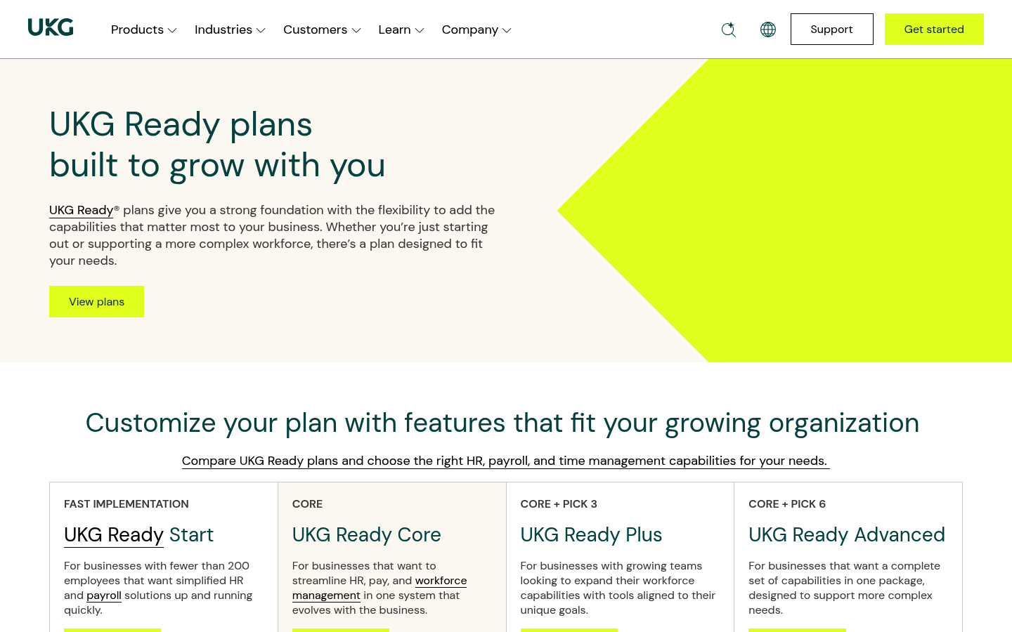 Screenshot of UKG's pricing page showing its plans and prices