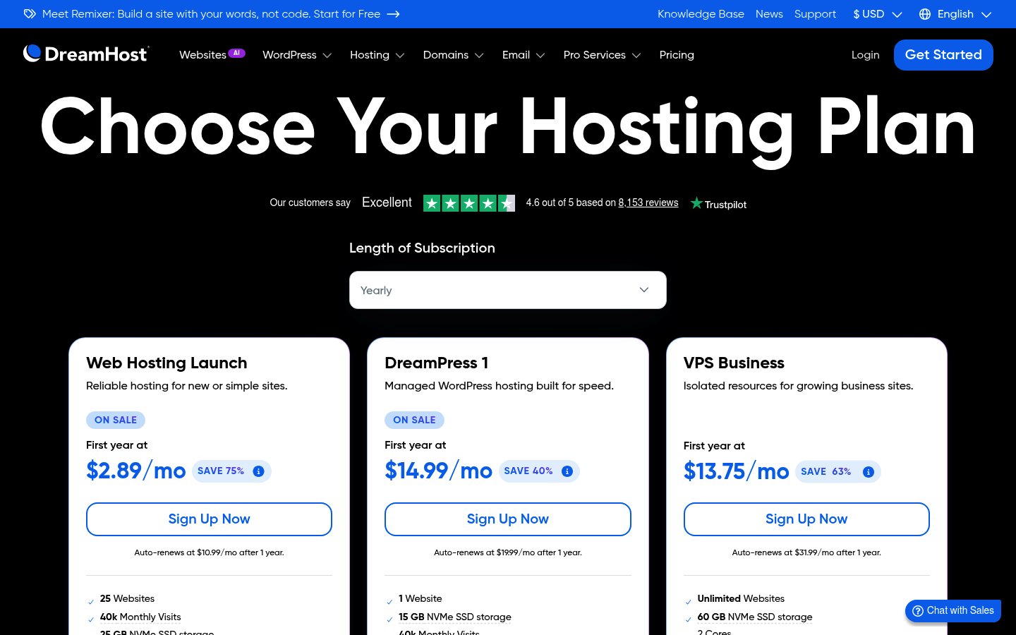 Screenshot of DreamHost's pricing page showing its plans and prices