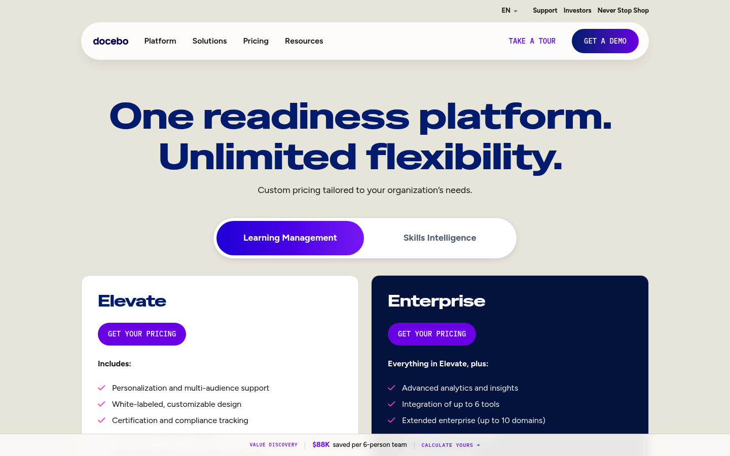Screenshot of Docebo's pricing page showing its plans and prices