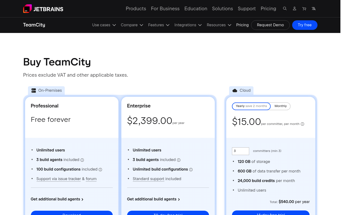 Screenshot of TeamCity's pricing page showing its plans and prices