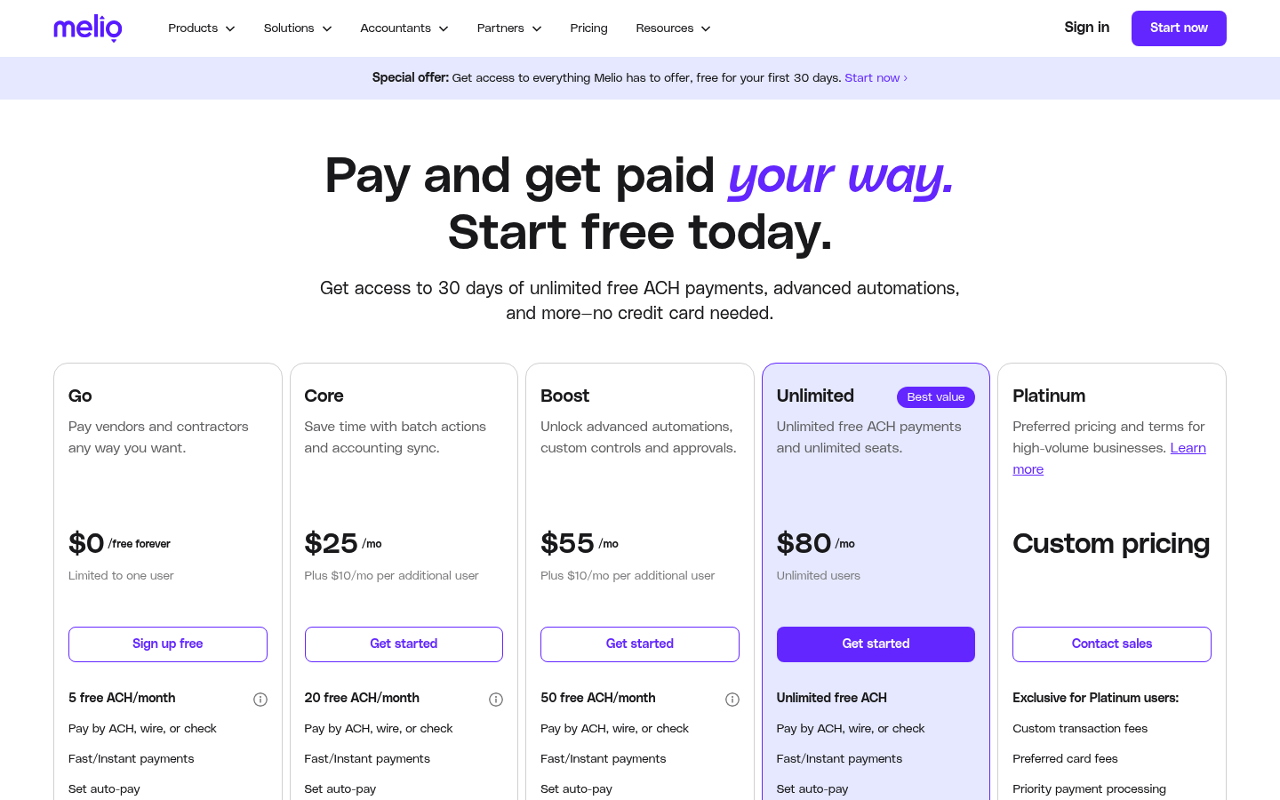 Screenshot of Melio's pricing page showing its plans and prices