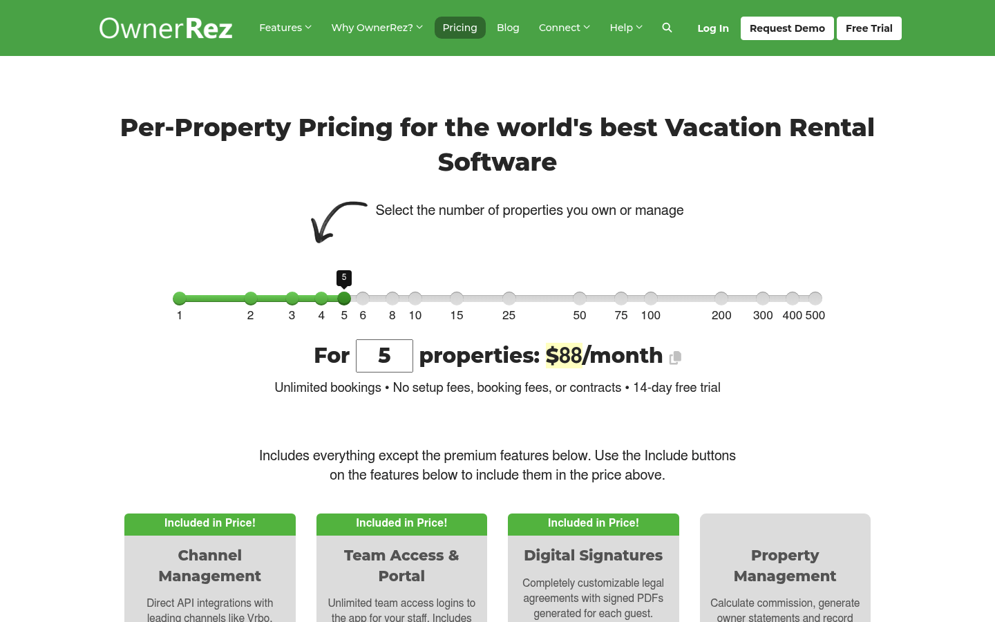Screenshot of OwnerRez's pricing page showing its plans and prices