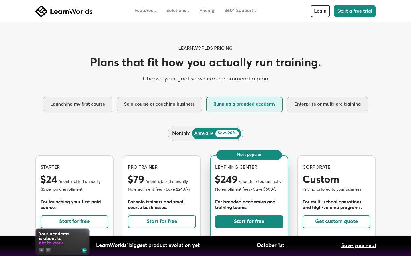 Screenshot of LearnWorlds's pricing page showing its plans and prices
