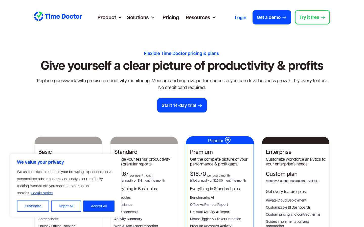 Screenshot of Time Doctor's pricing page showing its plans and prices