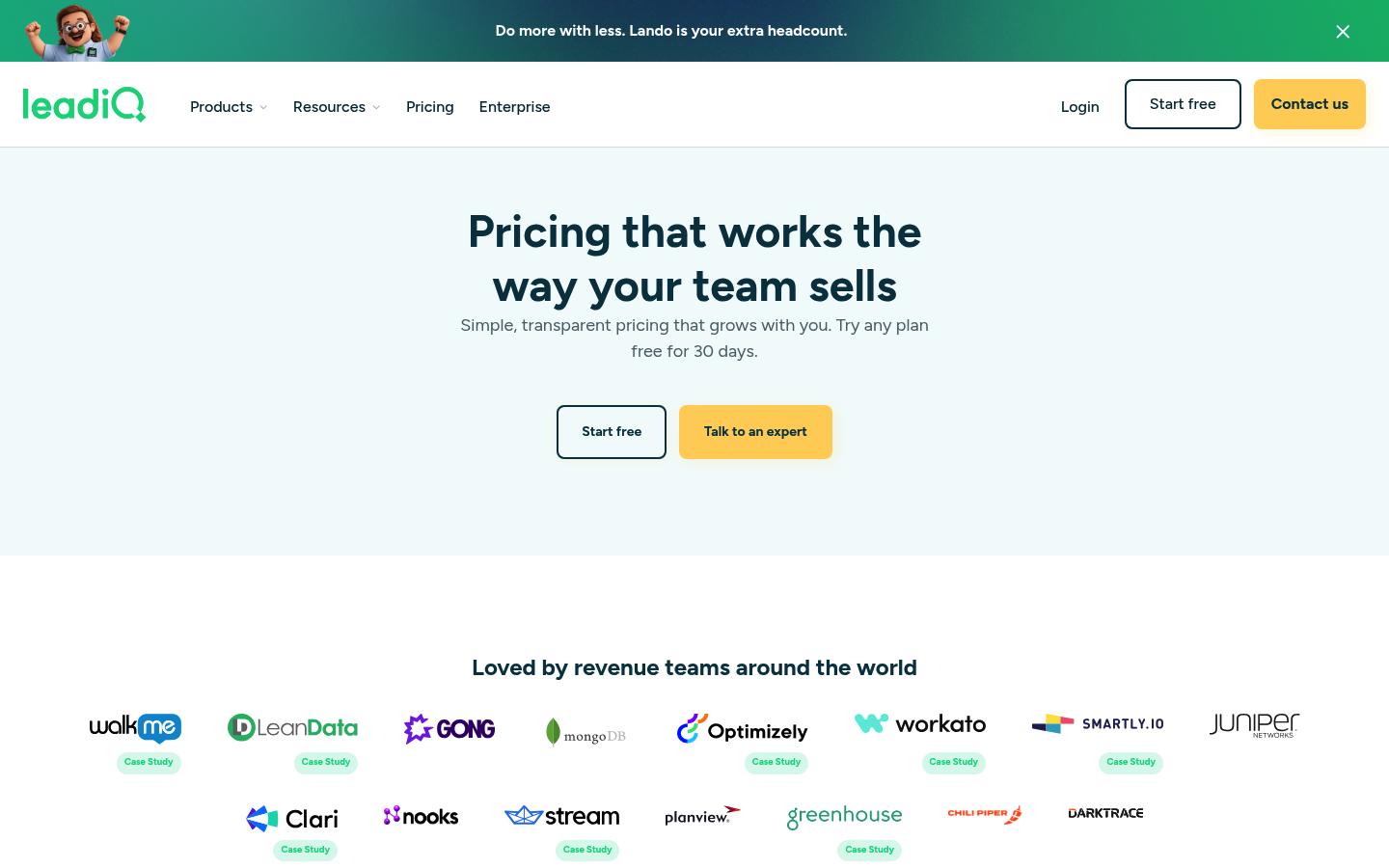 Screenshot of LeadIQ's pricing page showing its plans and prices