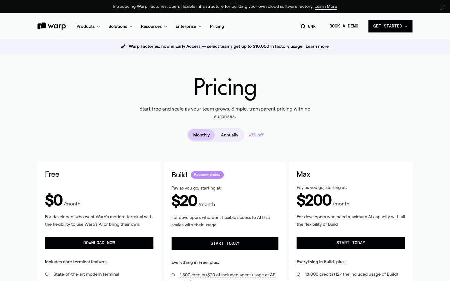 Screenshot of Warp's pricing page showing its plans and prices