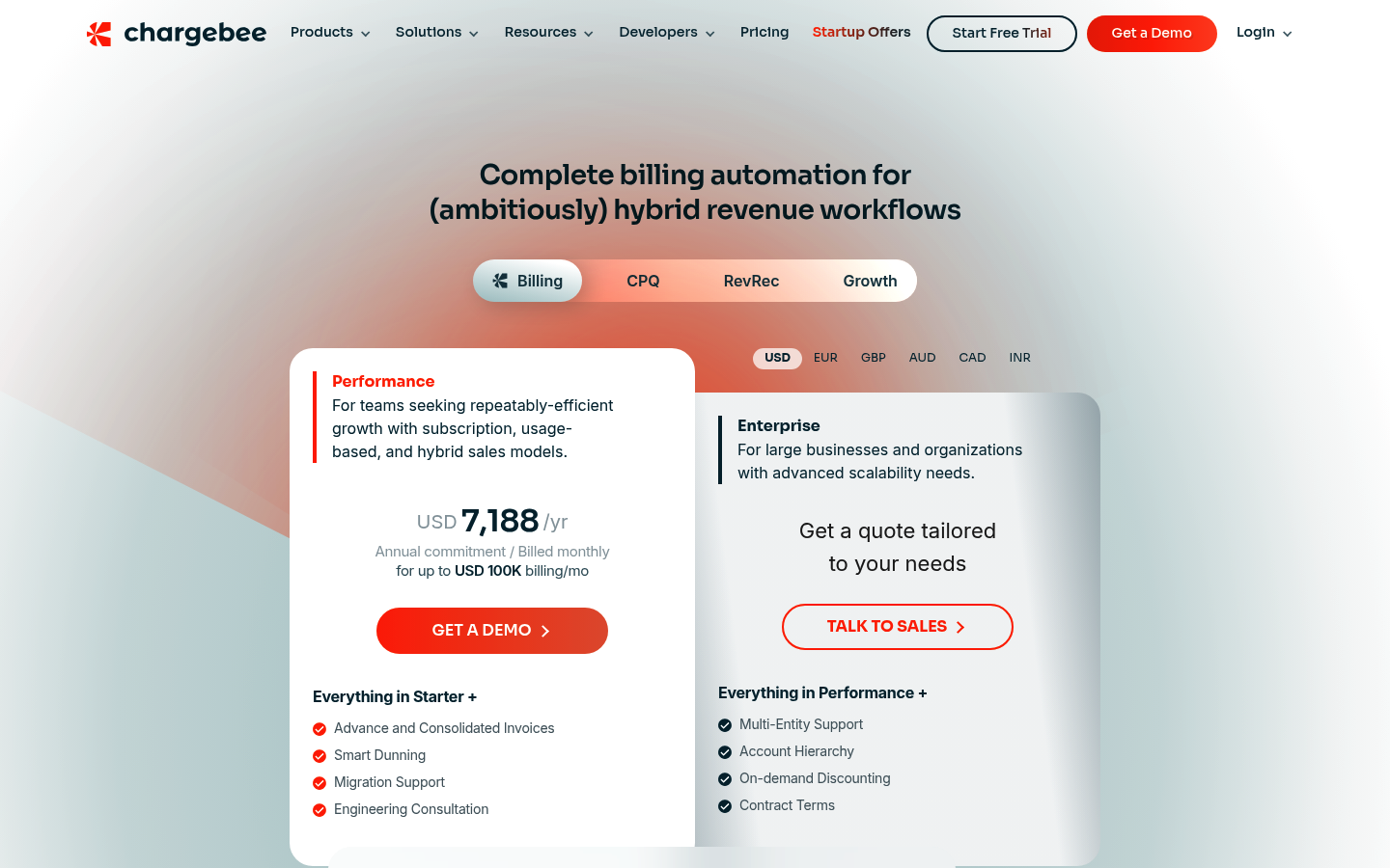 Screenshot of Chargebee's pricing page showing its plans and prices