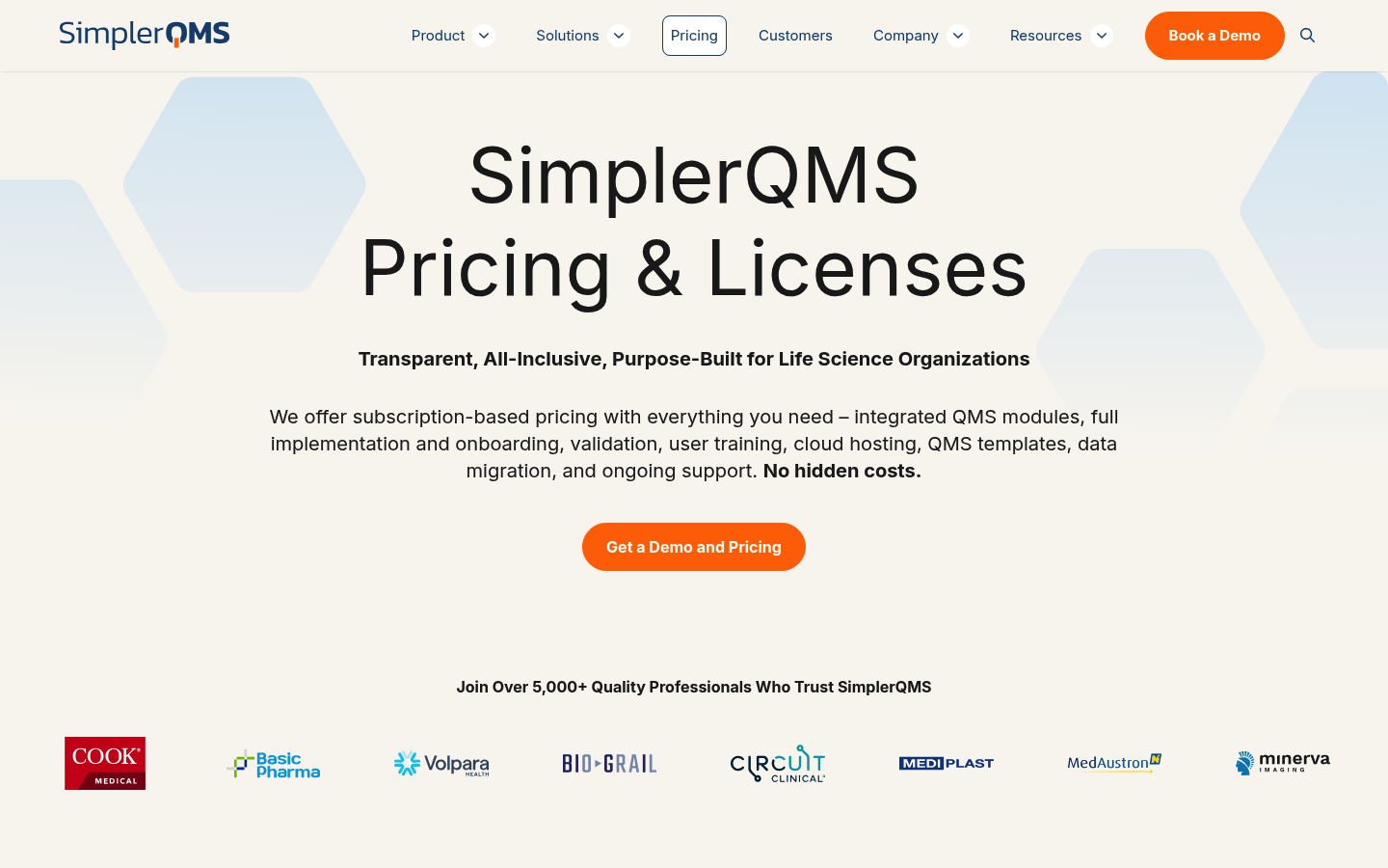 Screenshot of SimplerQMS's pricing page showing its plans and prices