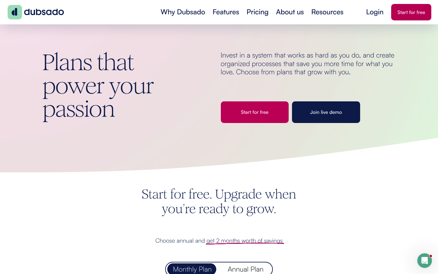 Screenshot of Dubsado's pricing page showing its plans and prices