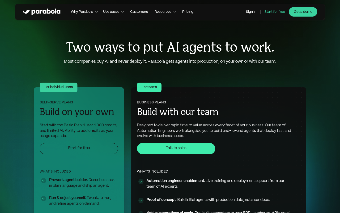 Screenshot of Parabola's pricing page showing its plans and prices