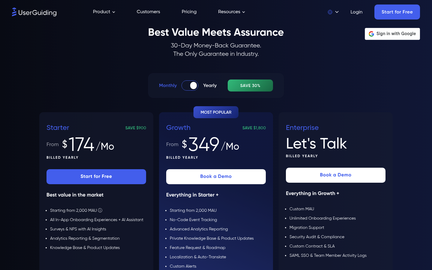 Screenshot of UserGuiding's pricing page showing its plans and prices