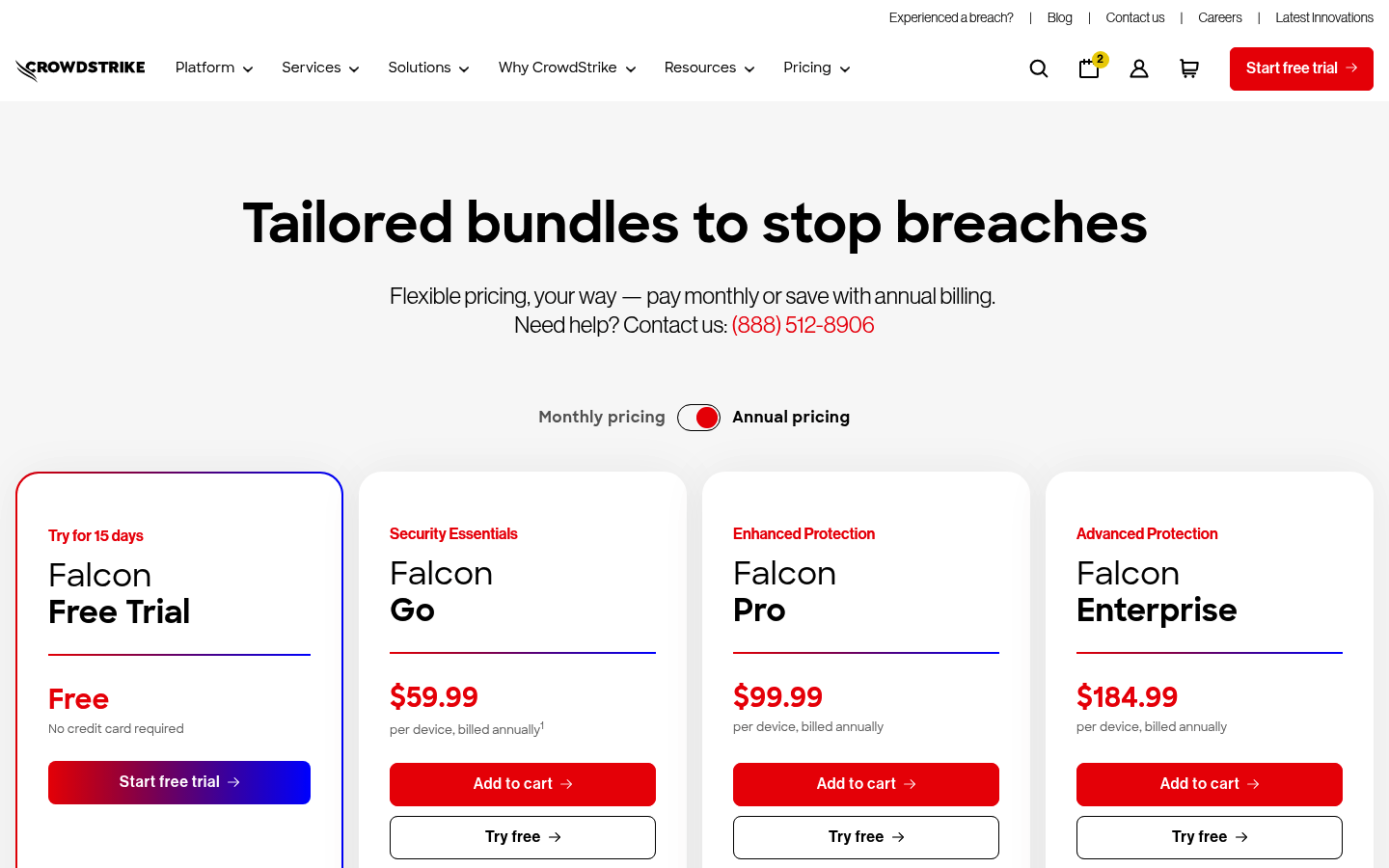 Screenshot of CrowdStrike's pricing page showing its plans and prices