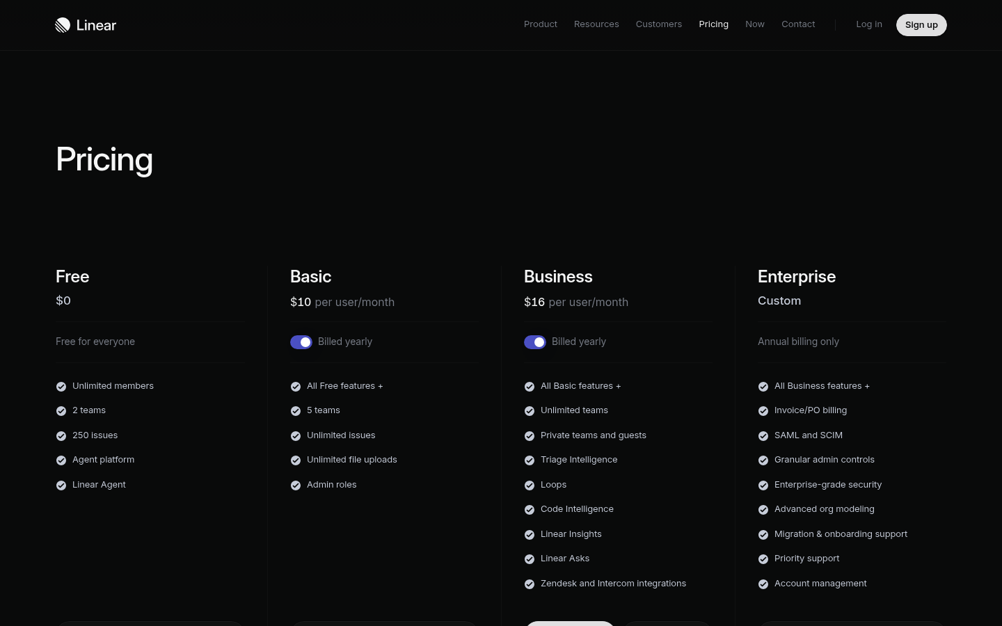 Screenshot of Linear's pricing page showing its plans and prices