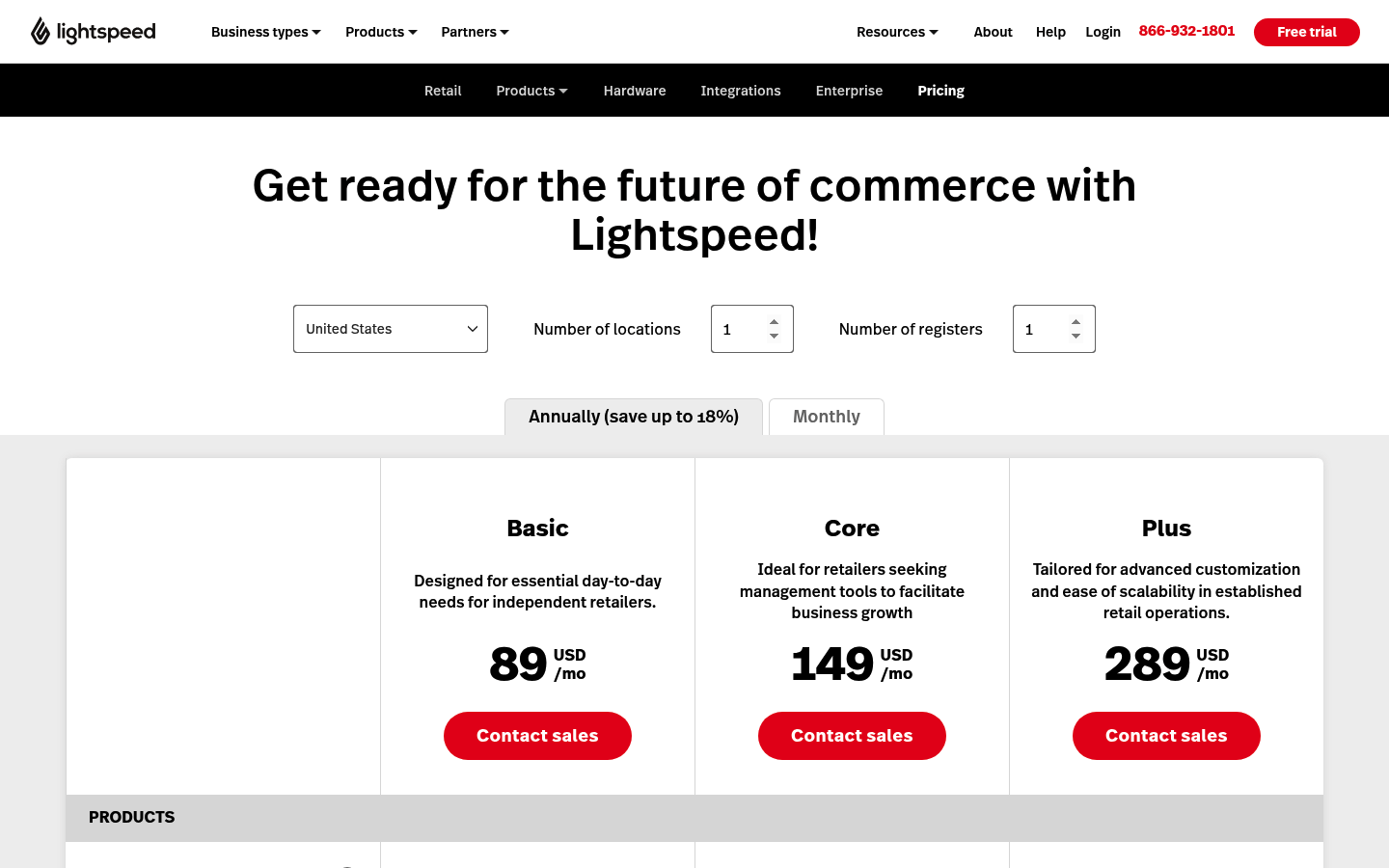 Screenshot of Lightspeed's pricing page showing its plans and prices
