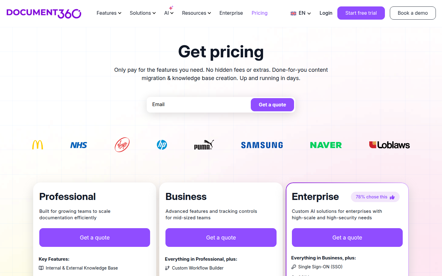 Screenshot of Document360's pricing page showing its plans and prices