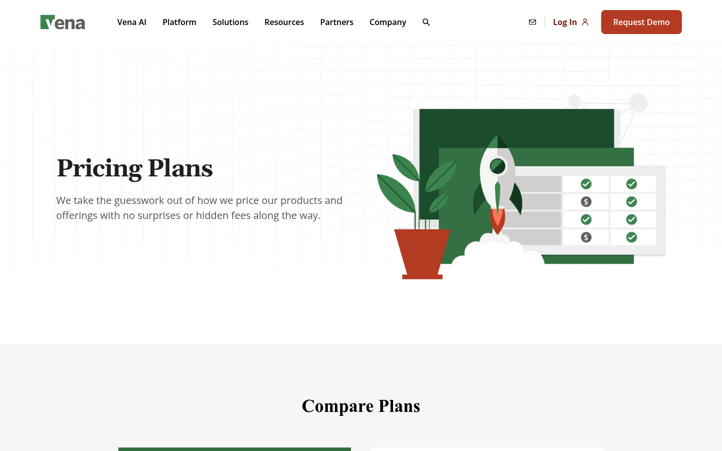 Screenshot of Vena's pricing page showing its plans and prices